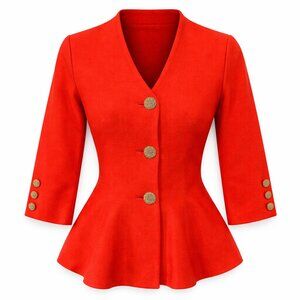 St. John Red Peplum Blazer Jacket Gold Buttons Size 0 | Luxury Designer